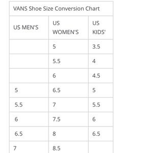 vans size chart women's shoes